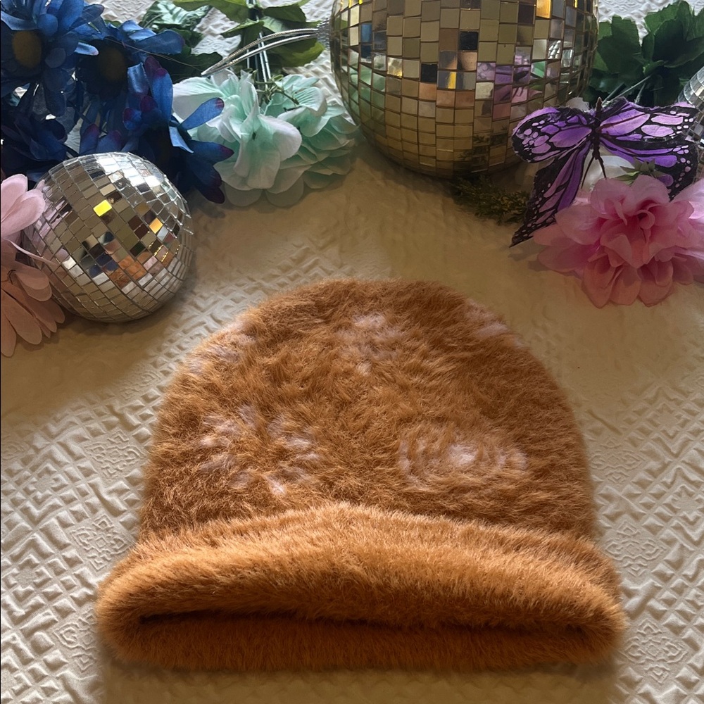 Fuzzy Brown Beanie with Floral Pattern